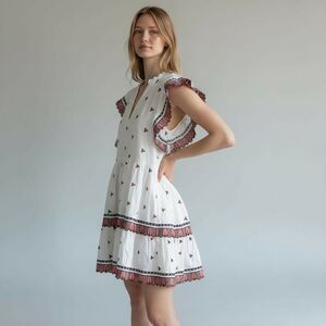 Marie Oliver XXS Embroidered White Orange Dress Boardwalk Old Money Preppy Boho